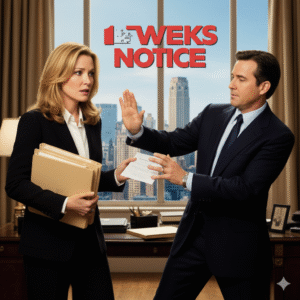 Movie poster for Two Weeks Notice featuring Sandra Bullock as Lucy Kelson looking exasperated with a stack of files and a resignation letter, while Hugh Grant as George Wade playfully tries to prevent her from leaving his New York City office. Text: TWO WEEKS NOTICE, He's helpless without her. She's finally leaving him.