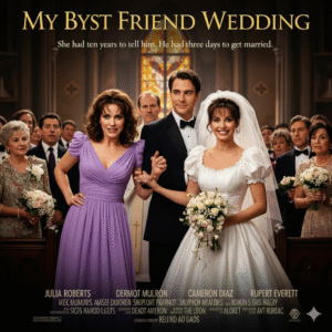 Movie poster for My Best Friend's Wedding featuring Julia Roberts as Julianne Potter looking intently while Dermot Mulroney as Michael O'Neal and Cameron Diaz as Kimmy Wallace are dressed as a bride and groom at a church wedding. Text: MY BYST FRIEND WEDDING, She had ten years to tell him. He had three days to get married.