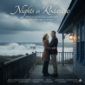 Movie poster for Nights in Rodanthe featuring a mature man and woman embracing on the porch of a beachfront inn as a storm brews over the ocean. Text: Nights in Rodanthe, It's never too late for a second chance.