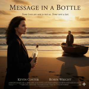 Movie poster for Message in a Bottle featuring a woman on a beach holding a glass bottle with a note inside, while a man looks out at the ocean in the distance. Text: Message in a Bottle, A story of love, loss and second chances.