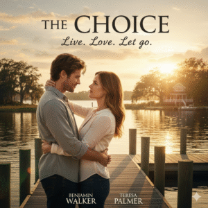 Movie poster for The Choice featuring a charming man and a spirited woman laughing together on a boat in a beautiful coastal setting. Text: The Choice, Let your heart decide