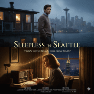 Movie poster for Sleepless in Seattle split into two scenes: Tom Hanks as Sam Baldwin on a houseboat looking at the Seattle skyline, and Meg Ryan as Annie Reed listening to a radio in Baltimore, looking towards a distant landmark. Text: SLEEPLESS IN SEATTLE, What if 'ave no up on love...just before of found it?