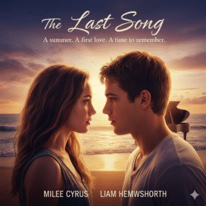 Movie poster for The Last Song showing a teenage couple sharing a romantic moment on a beach at golden hour, with a piano visible. Text: The Last Song, A story about second chances