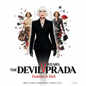 Movie poster for The Devil Wears Prada featuring Meryl Streep as Miranda Priestly in a powerful stance, flanked by Anne Hathaway as Andrea Sachs in various stages of fashion transformation, with designer items floating around. Text: THE DEVIL WEARS PRADA, Fashion is Hell.