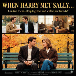 Movie poster for When Harry Met Sally... with Billy Crystal as Harry Burns and Meg Ryan as Sally Albright sitting on a park bench in autumn Central Park, New York. Other panels show them in earlier stages of their friendship. Text: WHEN HARRY MET SALLY..., Can two friends sleep together and still be just friends?