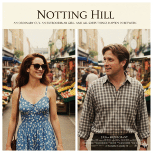 Movie poster for Notting Hill featuring Julia Roberts as Anna Scott and Hugh Grant as William Thacker on a bustling Portobello Road Market street in London. Text: NOTTING HILL, An Ordinary Guy. An Extraordinary Girl. And All Sorts of Things Happen In Between