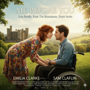 Movie poster for Me Before You with a brightly dressed young woman sharing a happy, tender moment with a man in a wheelchair in front of a historic castle. Text: Me Before You, Live boldly.