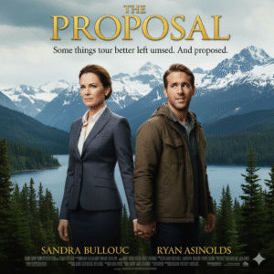 ovie poster for The Proposal featuring Sandra Bullock as Margaret Tate and Ryan Reynolds as Andrew Paxton back-to-back, holding hands in a scenic Alaskan mountain and lake landscape. Text: THE PROPOSAL, Some things are better left unsaid. And proposed