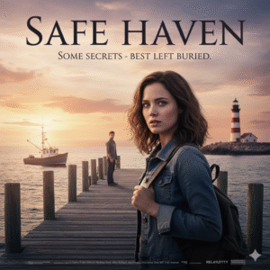 Movie poster for Safe Haven with a young woman looking over her shoulder cautiously in a quiet coastal town, as a man looks on with concern. Text: Safe Haven, You can run, but you can't hide from your heart.