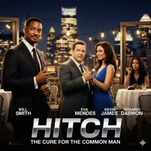 Movie poster for Hitch featuring Will Smith as Alex 'Hitch' Hitchens confidently pointing, with Kevin James as Albert Brennam and Eva Mendes as Sara Melas on a date, and Rosario Dawson as Allegra Cole observing in the background. Text: HITCH, The Cure For The Common Man