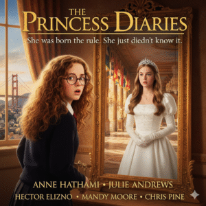 Movie poster for The Princess Diaries showing Anne Hathaway as Mia Thermopolis looking awkwardly into a mirror, with her reflection showing her as a graceful princess. The San Francisco Golden Gate Bridge is visible outside a window. Text: THE PRINCESS DIARIES, She was born the rule. She just diedn't know it