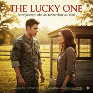 Movie poster for The Lucky One featuring a US Marine looking intently at a woman in a sunny, rural Louisiana setting near a dog kennel. Text: The Lucky One, He came back for her. From the acclaimed author of The Notebook.
