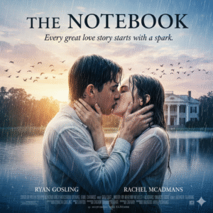 Movie poster for The Notebook featuring a young couple kissing passionately in the pouring rain in front of a large, rustic house. Text: The Notebook, Behind every great love is a great story.