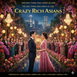 Movie poster for Crazy Rich Asians featuring Constance Wu as Rachel Chu and Henry Golding as Nick Young standing elegantly at an opulent outdoor wedding in Singapore, surrounded by rich floral decorations and lavishly dressed guests. Text: CRAZY RICH ASIANS, The only thing cray-crazy is love.