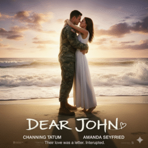 Movie poster for Dear John with a soldier in uniform and a young woman embracing on a windswept beach at sunset. Text: Dear John, A love story from Nicholas Sparks.